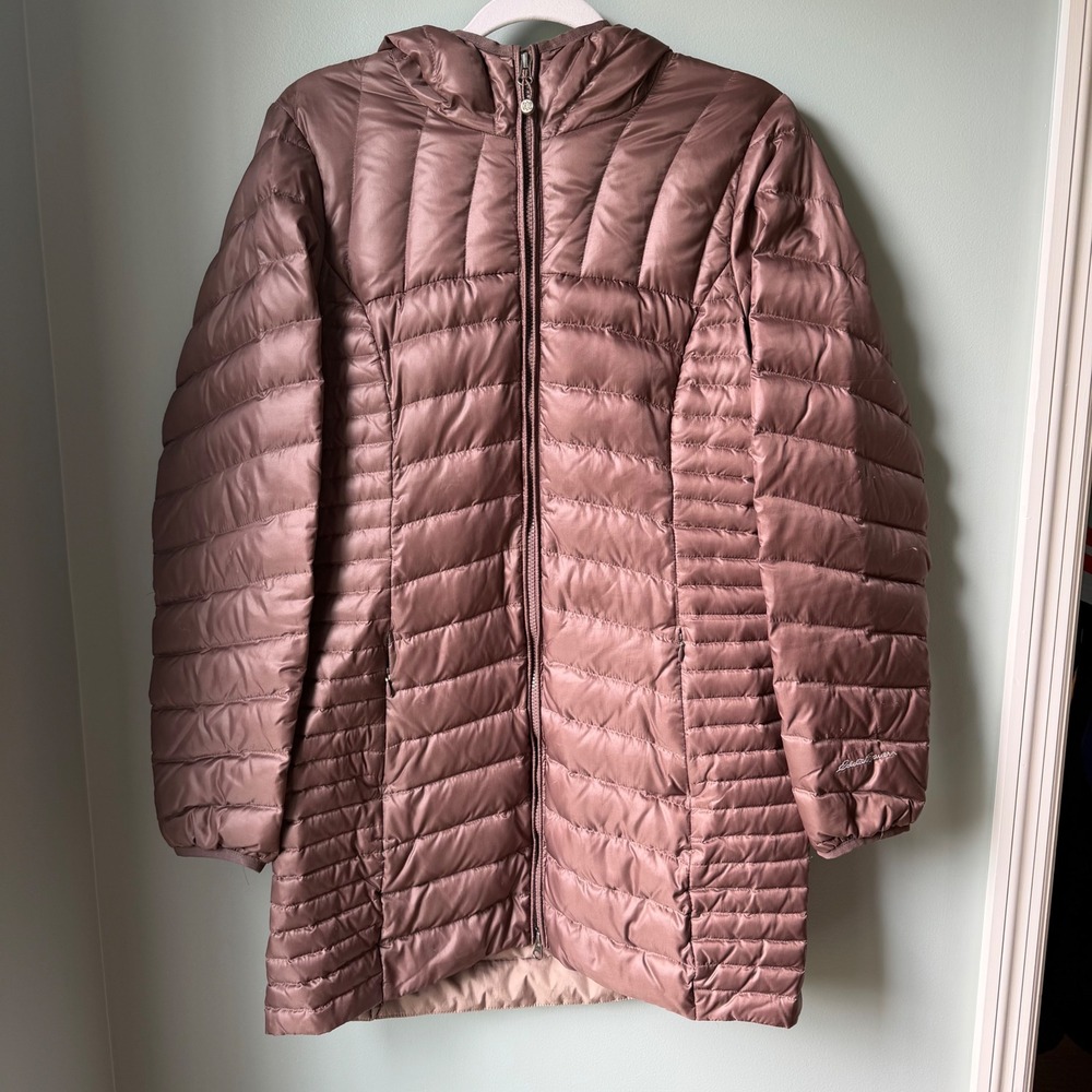 Eddie Bauer Astoria Hooded Down Parka Puffer Jacket Full Zip Long Coat Brown M
